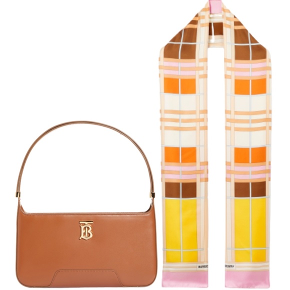🔴SOLD🔴 BURBERRY Classic Bundle- TB Monogram Bag Tan & Check Pink Scarf - Picture 2 of 16